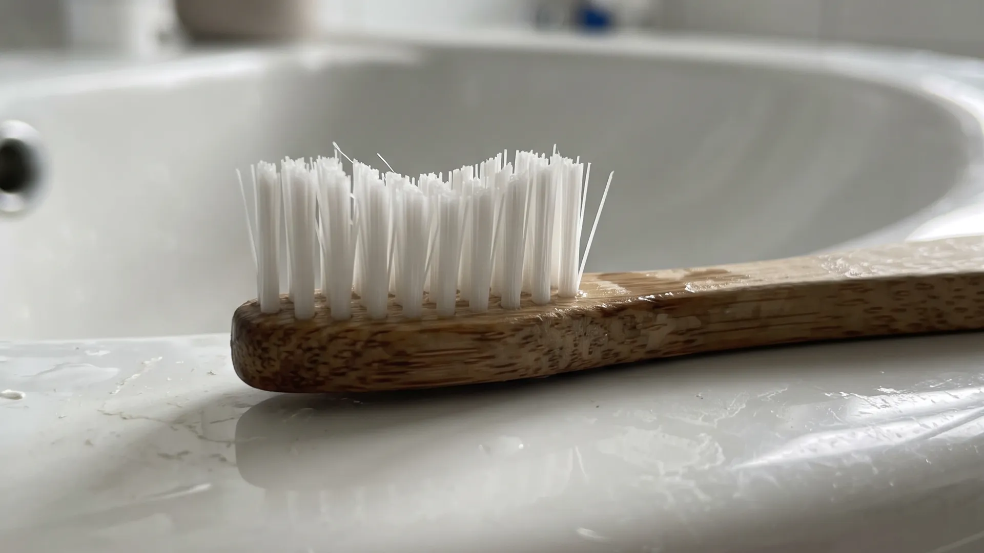 A bamboo toothbrush on the edge of a bathroom basin, its white bristles clearly visible against the bamboo handle.