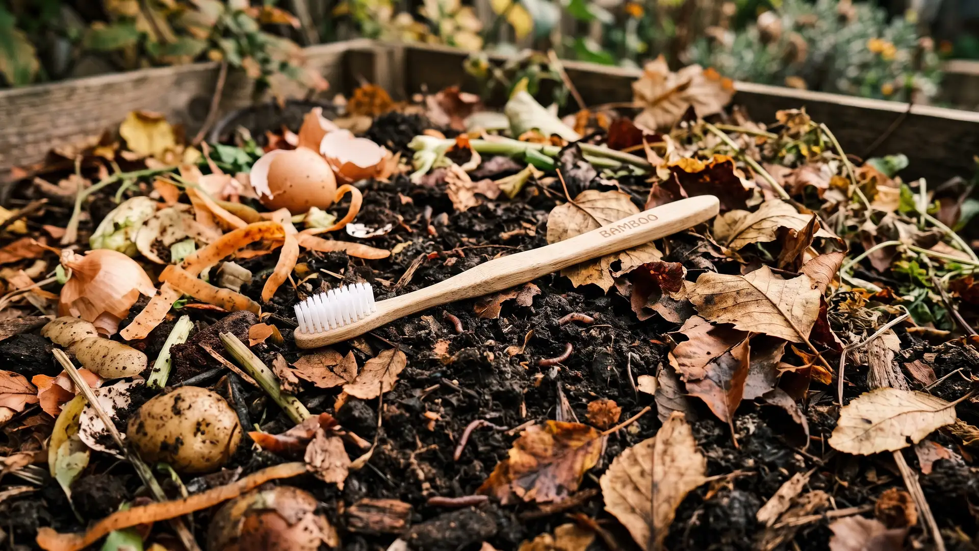 A bamboo toothbrush lying on a garden compost heap among leaves and vegetable scraps.