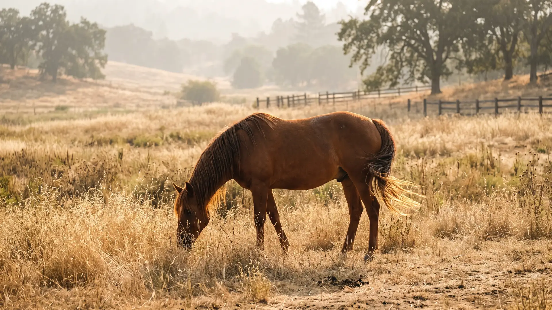 A chestnut horse with a long mane grazing in a golden grass paddock in soft early-morning light.