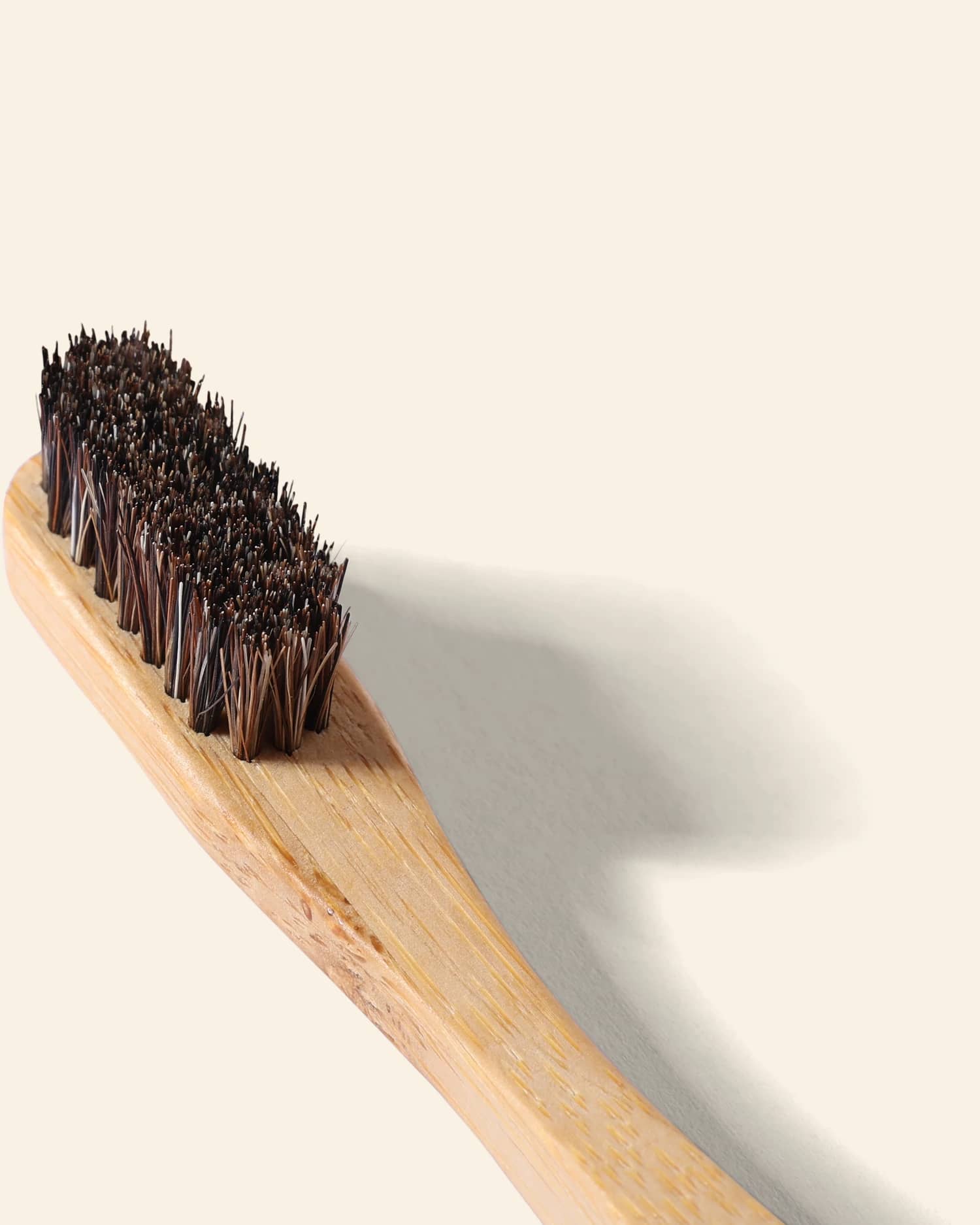 Dark horse hair bristles woven into the bamboo head of a BARE toothbrush, with no glue holding them